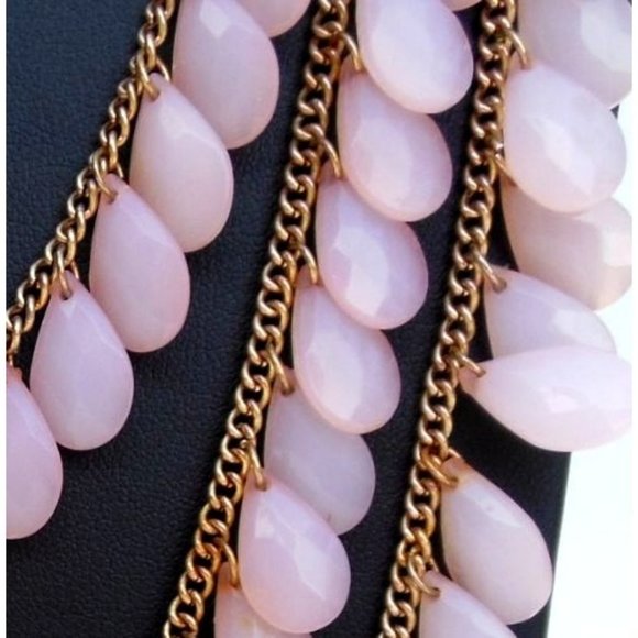 Gold Tone Opalescent Pink Multi Strand Fringe Dangle Beaded Bib Statement ASMR N - Picture 3 of 4